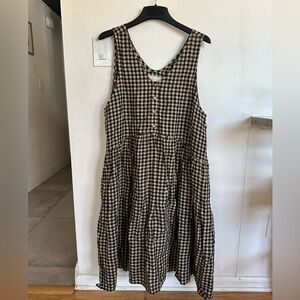 Not Perfect Linen Volume Midi Dress — Black & Tan Gingham — Size M/L